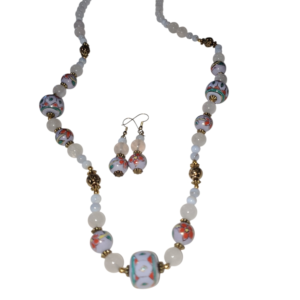 Vintage Cloisonné & Rose Quartz Necklace Set – Matching Earrings